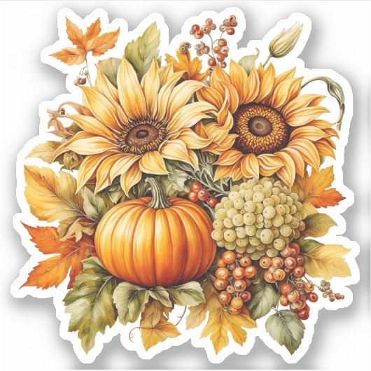 秋の豊かさ – ひまわり、ぶどう、かぼちゃの シール (正面)