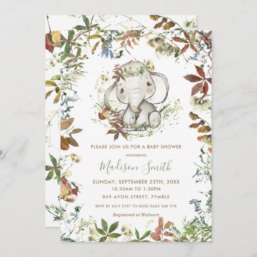 秋の象素朴の赤男女兼用ちゃんシャワー 招待状 (正面/裏面)