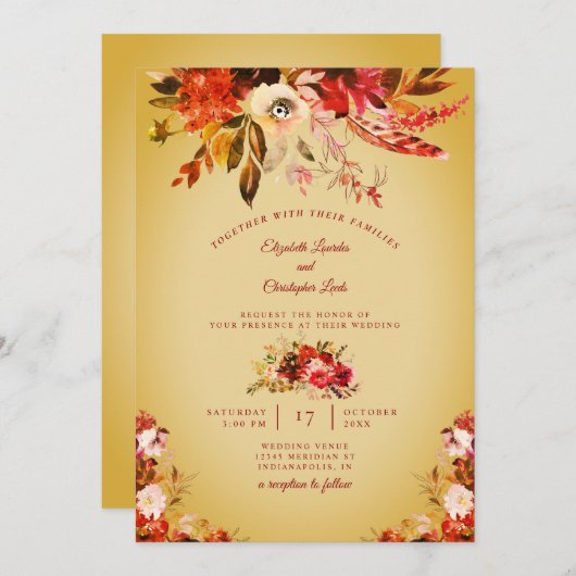 秋の豪華なフローラゴールデンウォッシュ結婚ズ 招待状 (正面/裏面)