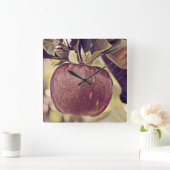 秋の赤いリンゴの実と葉の水彩画 スクエア壁時計 (ホーム)