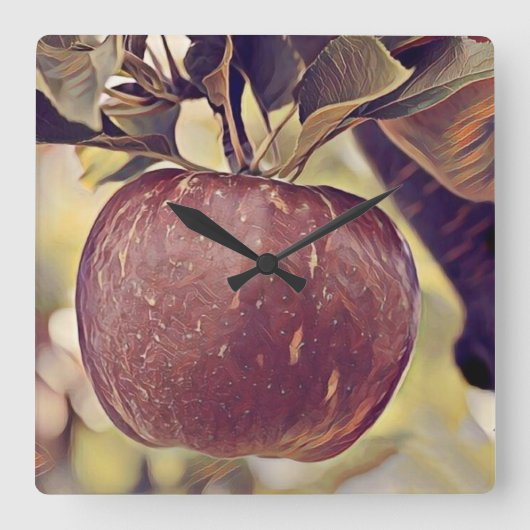 秋の赤いリンゴの実と葉の水彩画 スクエア壁時計 (正面)