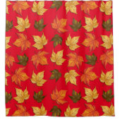 秋の赤い背景の葉パターン シャワーカーテン (正面)