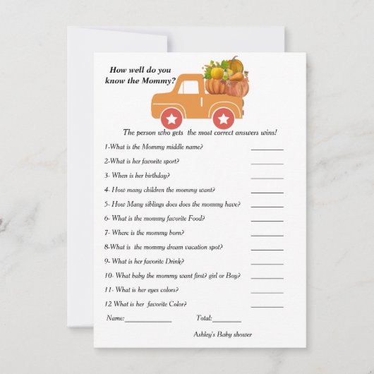 秋の赤ちゃんシャワーあなたがどれくらいママを知っているか 招待状 (正面)
