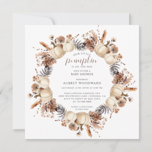 秋の赤ちゃんシャワーの途中の小さなカボチャ 招待状 (正面)