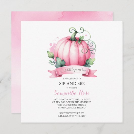 秋の赤ちゃんシャワーリトルカボチャsipと参照 招待状 (正面/裏面)