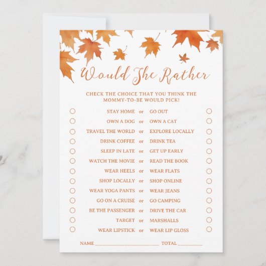 秋の赤ちゃんシャワー彼女はむしろゲームカード 招待状 (正面)