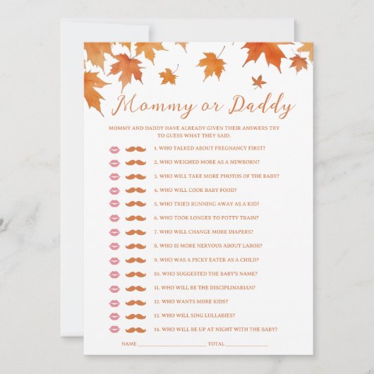 秋の赤ちゃんシャワー推測誰のゲームカード 招待状 (正面)