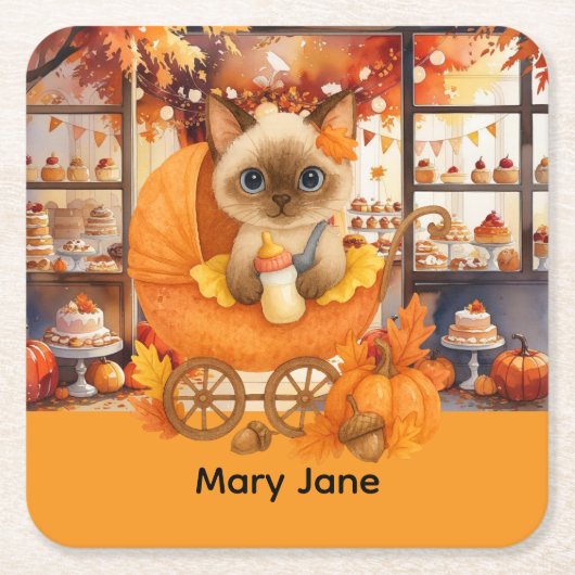 秋の赤ちゃんシャワー猫好き スクエアペーパーコースター (正面)