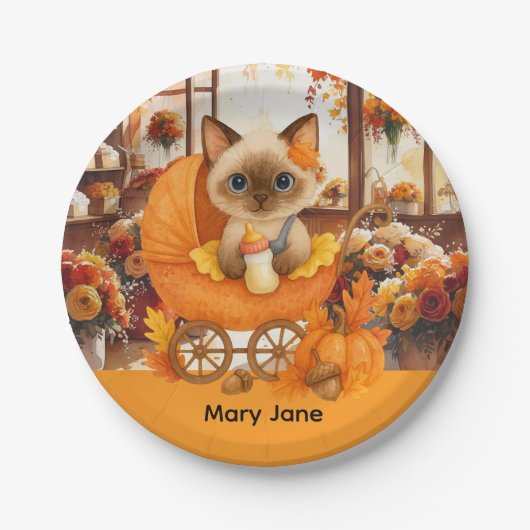 秋の赤ちゃんシャワー猫好き ペーパープレート (正面)
