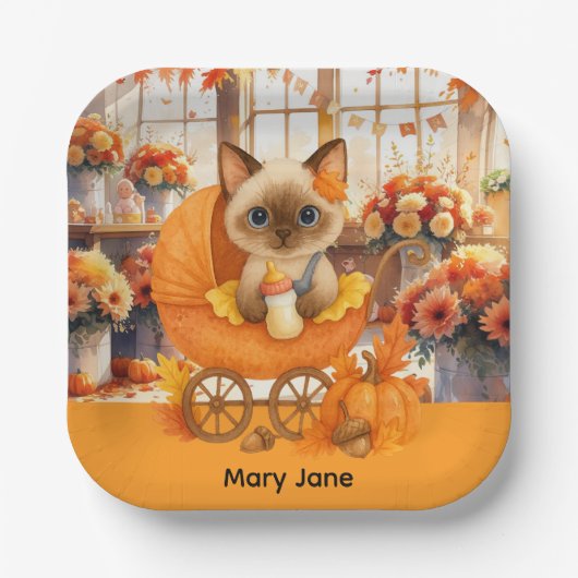 秋の赤ちゃんシャワー猫好き ペーパープレート (正面)