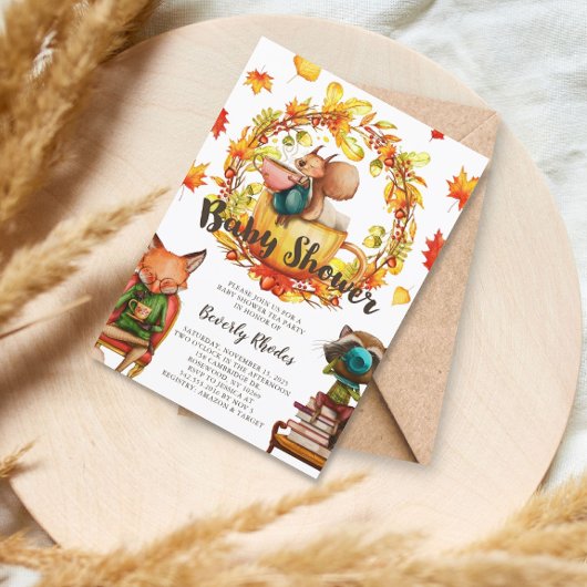 秋の赤ちゃんシャワー茶パーティー動物 招待状