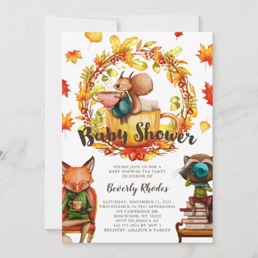 秋の赤ちゃんシャワー茶パーティー動物 招待状 (正面)