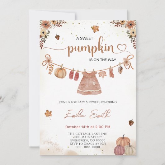 秋の赤ちゃん服かぼちゃの女の子の赤ちゃんシャワー 招待状 (正面)
