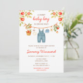 秋の赤ちゃん歓迎会 秋のリンゴ 服のライン 男の子 赤ちゃんシャワー 招待状 (スタンド正面)