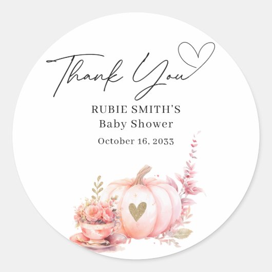 秋の赤面ピンクカボチャ金ゴールドハートありがとう ラウンドシール (正面)