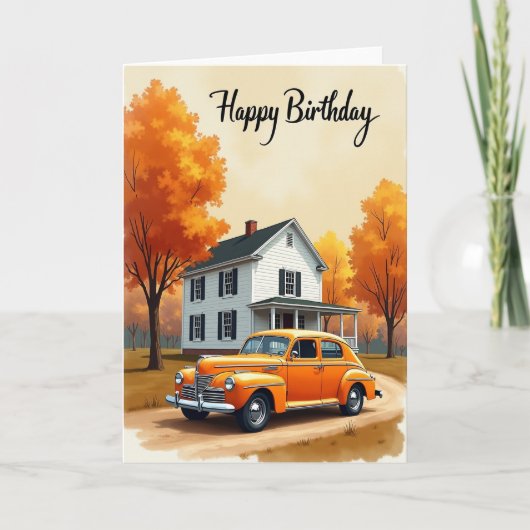 秋の車の誕生日カード カード (正面)