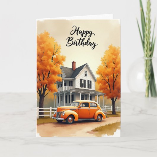秋の車の誕生日カード カード (正面)