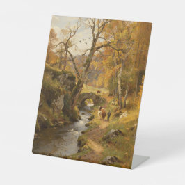 秋の農村の小川と牛の群れの油彩画| 台座サイン