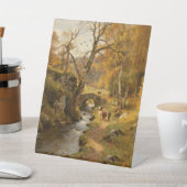 秋の農村の小川と牛の群れの油彩画| 台座サイン (インサイチュ)