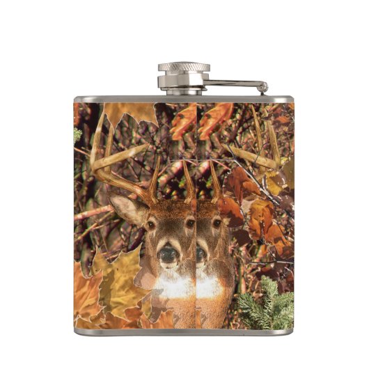 秋の迷彩柄の白い尾シカの木びき台 フラスク (裏面)