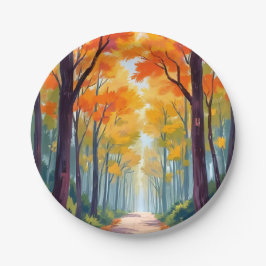 秋の道の紅葉の絵画 ペーパープレート