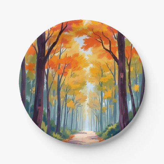 秋の道の紅葉の絵画 ペーパープレート (正面)
