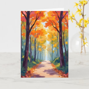 秋の道の紅葉の絵 カード