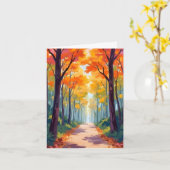 秋の道の紅葉の絵 カード (黄色い花)
