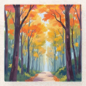 秋の道の紅葉の絵 ガラスコースター (正面)