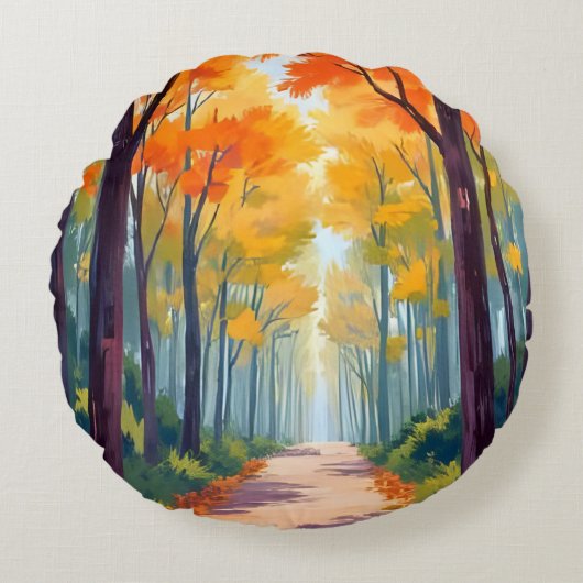 秋の道の紅葉の絵 ラウンドクッション (正面)