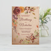秋の郷愁のバラ ブルゴンディーブラッシュ 紅葉のウェディング 招待状 (スタンド正面)