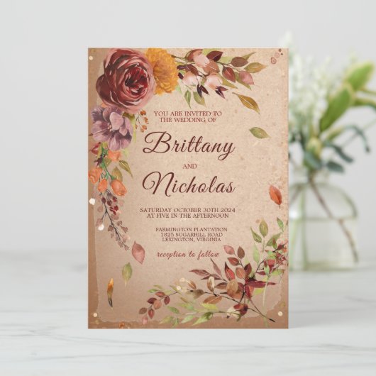 秋の郷愁のブルーム バーガンディーブラッシュ 秋のウェディング 招待状 (スタンド正面)