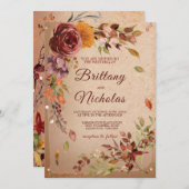 秋の郷愁のブルーム バーガンディーブラッシュ 秋のウェディング 招待状 (正面/裏面)