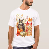 秋の野生のフクロウ 紅葉 水彩画 Tシャツ (正面)