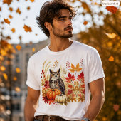 秋の野生のフクロウ 紅葉 水彩画 Tシャツ