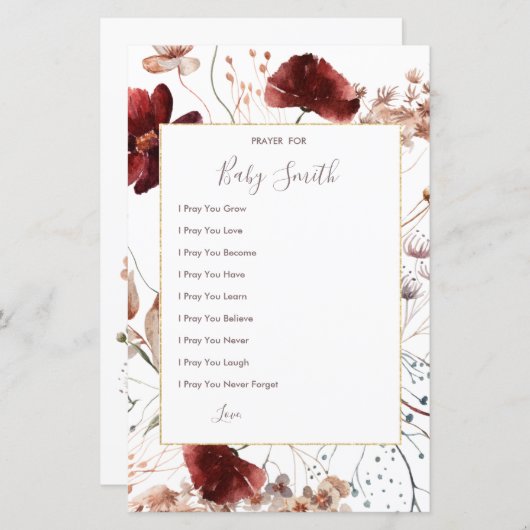 秋の野生の花の祈りの言葉ベビーのサイン (正面/裏面)
