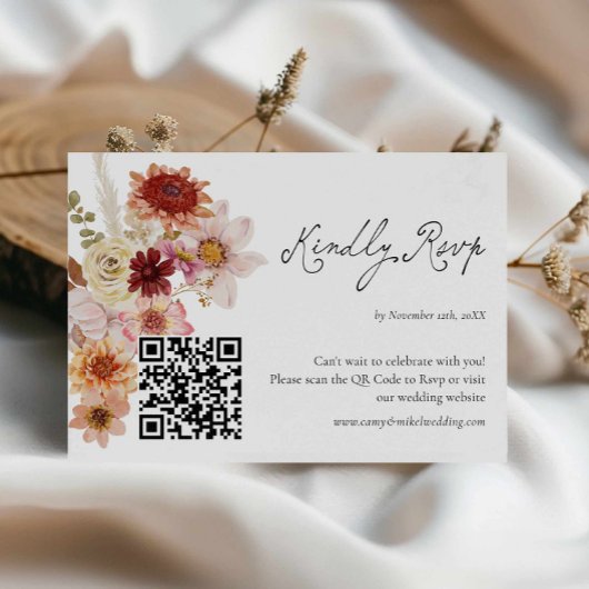 秋の野生の花の結婚式RSVP QRコードカード 出欠カード