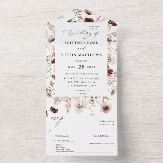 秋の野生の花の花束のウェディング オールインワン招待状 (内側)