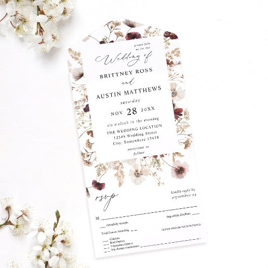秋の野生の花の花束のウェディング オールインワン招待状