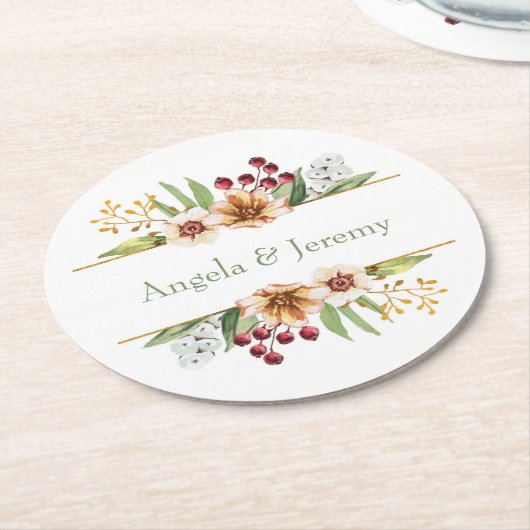 秋の野草水彩結婚のセージ ラウンドペーパーコースター (アングル)