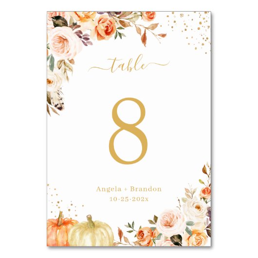 秋の金ゴールドグリッターフローラシック秋の結婚式 テーブルナンバー (正面)