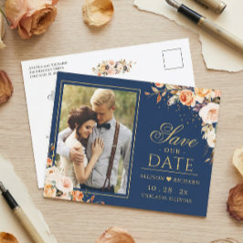 秋の金ゴールドフローラネイビーブルー写真保存日 ポストカード