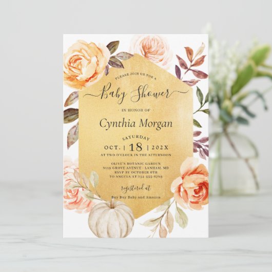 秋の金ゴールドフローラリトルカボチャ赤ちゃんシャワー 招待状 (スタンド正面)