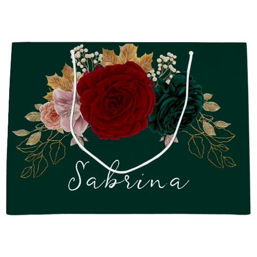 秋の金ゴールドブルガンディエメラルドグリーニーフローラ ラージペーパーバッグ (正面)