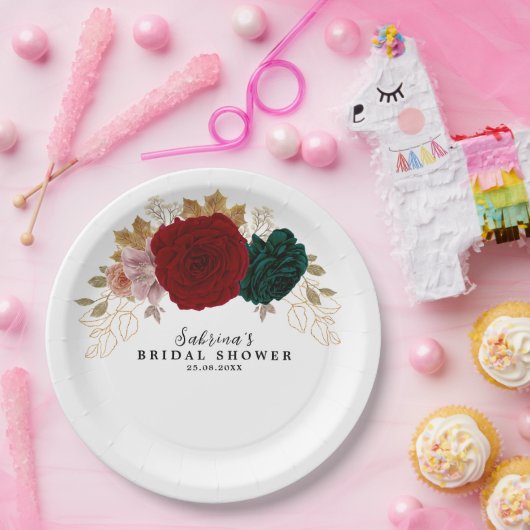 秋の金ゴールドブルガンディエメラルドグリーンフローラ ペーパープレート (パーティー)