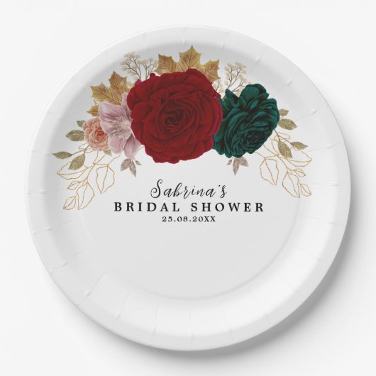 秋の金ゴールドブルガンディエメラルドグリーンフローラ ペーパープレート (正面)