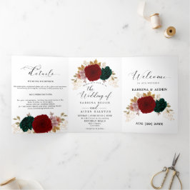 秋の金ゴールドブルガンディエメラルドグリーンフローラ 三つ折り案内状