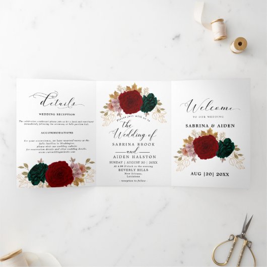 秋の金ゴールドブルガンディエメラルドグリーンフローラ 三つ折り案内状 (内部)