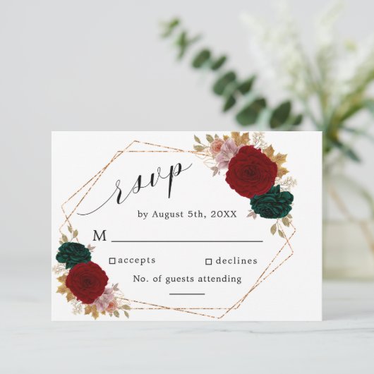 秋の金ゴールドブルガンディエメラルドグリーンフローラRSVP 出欠カード (スタンド正面)