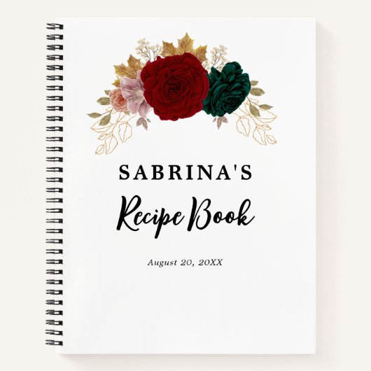 秋の金ゴールドブルガンディエメラルドグリーンレシピブック ノートブック (正面)